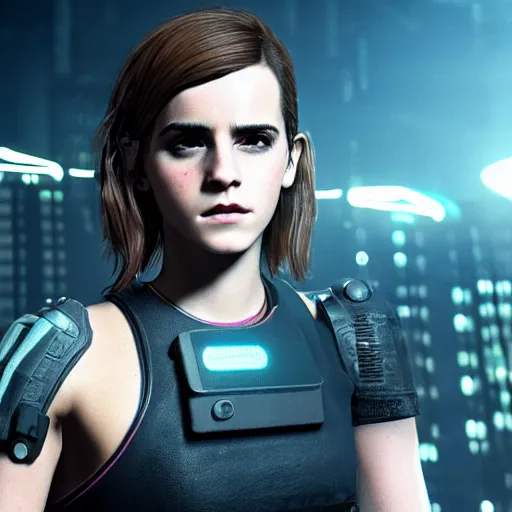 Image similar to Emma Watson in Cyberpunk 2077. 3D Render