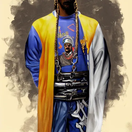 Prompt: Painting of Snoop dog in armor standing in front of a castle in style of Charlie Bowater