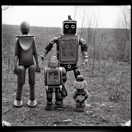 Prompt: the most creepy family photo of robots, 35mm lens, post apocalyptic, a dumping ground