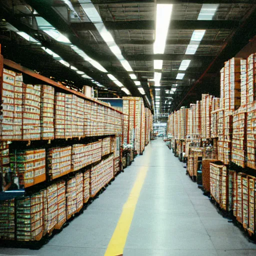 Image similar to 3 5 mm photo of the inside of an amazon warehouse at night