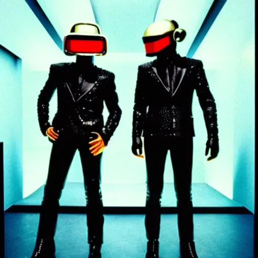 Prompt: “behind the scenes still of Daft Punk guest appearance in Tron (1985). Award winning Photo.”