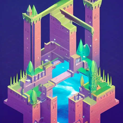 Prompt: a stunning minimalist isometric view of a fantasy castle deep within a vast cave, spiralling waterfalls and beautiful plants, intricate details, in the style of monument valley