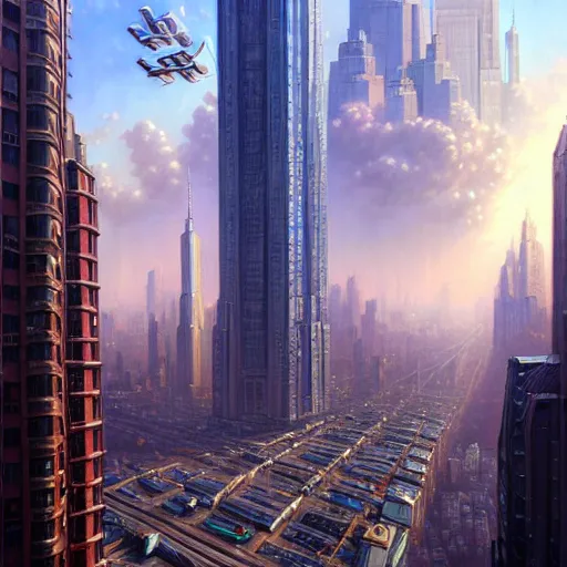 Image similar to a cityscape of new york in the future, flying cars, huge buildings, bright lights, digital painting, artstation, concept art, illustration, artgerm, tomasz alen kopera, peter mohrbacher, donato giancola, joseph christian leyendecker, wlop, boris vallejo