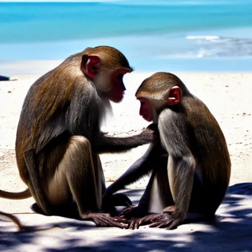 Prompt: two monkeys sipping ice coffee at a beach in the Caribbean