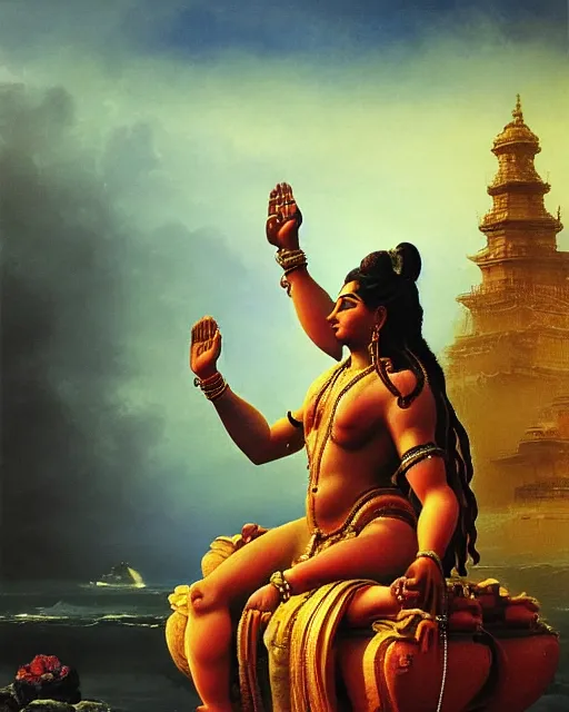 Image similar to One many-armed Shiva sits. In the background gasoline on the water. High detail, hyperrealism, masterpiece, close-up, ceremonial portrait, solo, rich deep colors, realistic, art by Yoshitaka Amano, Ivan Aivazovsky