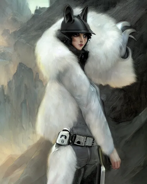 Prompt: a anthropomorphic wolf police officer with white fur. Renowned character illustration by by Edgar Maxence and Ross Tran