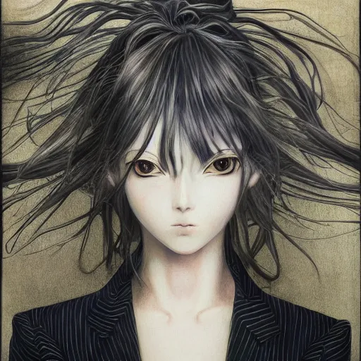 Image similar to Yoshitaka Amano realistic illustration of an anime girl with wavy white hair and cracks on her face wearing dress suit with tie fluttering in the wind, abstract black and white patterns on the background, noisy film grain effect, highly detailed, Renaissance oil painting, weird portrait angle