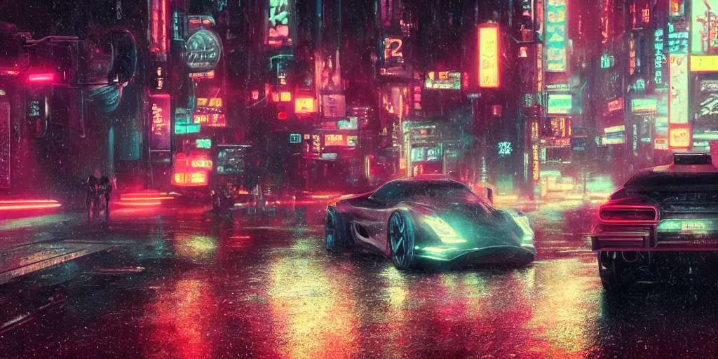 Image similar to close up macro shot of a futuristic cars on wet tokyo street at night, intricate, hyper detailed, smooth, high contrast, neon, volumetric lighting, octane, moebius, greg rutkowski, blade runner, ridley scott, cinematic