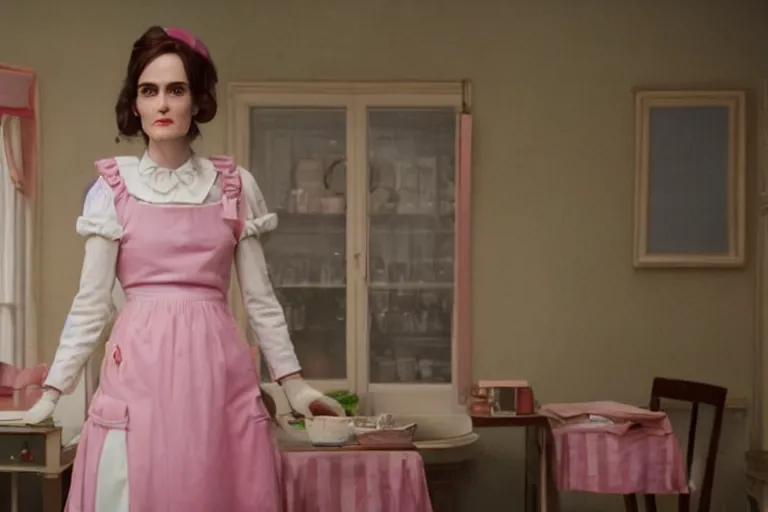 Prompt: mid-shot concept art of Winona Ryder as a maid in the new movie directed by Wes Anderson, symmetrical shot, idiosyncratic, relentlessly detailed, pastel, limited colour palette, detailed face, movie still frame, promotional image, imax 70 mm footage