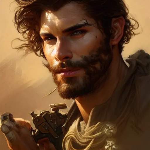 Image similar to portrait of a rugged ranger, handsome, muscular, 20 years old, D&D, fantasy, intricate, elegant, highly detailed, digital painting, artstation, concept art, matte, sharp focus, illustration, art by Artgerm and Greg Rutkowski and Alphonse Mucha