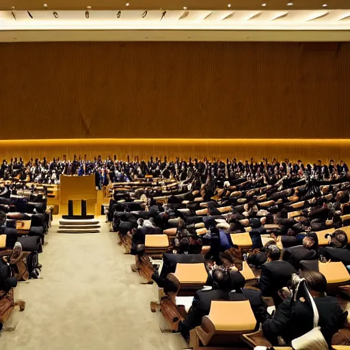 Prompt: UN meeting at The Hague , members yelling and screaming animatedly at Japan’s seating member, a large godlike masked and helmeted cyborg samurai , courtroom drawing , Photo realistic , Gregory Crewdson , Award winning. Masterpiece, exquisite detail, post processing