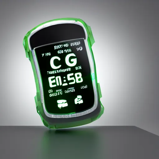 Image similar to an ultra high definition cycles render of a floating chunky green transparent plastic mobile phone at an angle with an e-ink screen inspired by a g-shock watch. Emissive screen and indicator lights, bloom