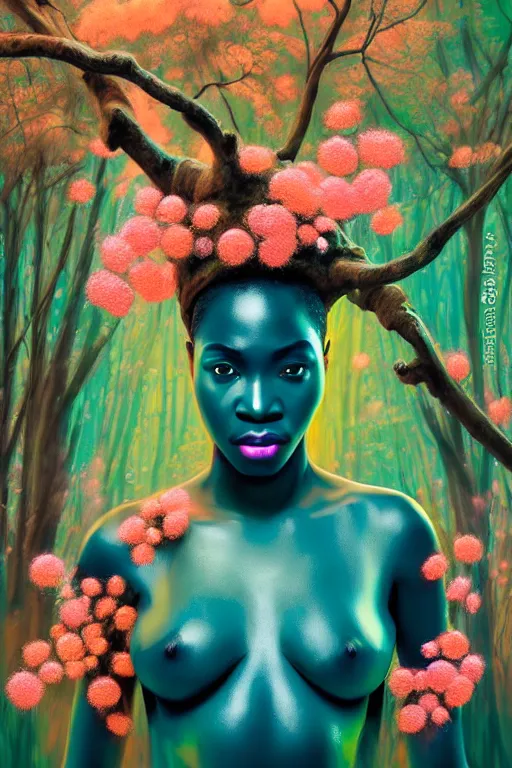 Image similar to hyperrealistic post - renaissance cinematic super expressive! yoruba goddess with exoskeleton armor, merging with tree in a forest, pink orange flowers, highly detailed digital art masterpiece, smooth cam de leon eric zener dramatic pearlescent soft teal light, ground angle hd 8 k, sharp focus