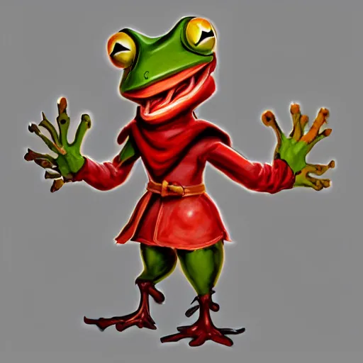 Image similar to character concep art of a humanoid frog butcher with a red coat as an enemy in spyro the dragon video game concept art, playstation 1 era, activision blizzard, 4 k resolution concept art