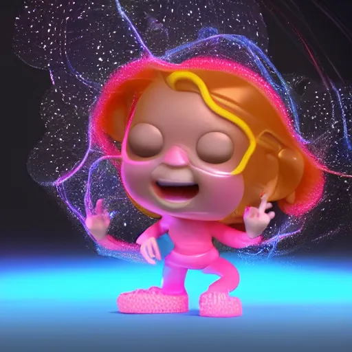 Image similar to single crazy melting plastic toy Pop Figure, C4d, by pixar, by dreamworks, in a Studio hollow, surrounded by flying particles