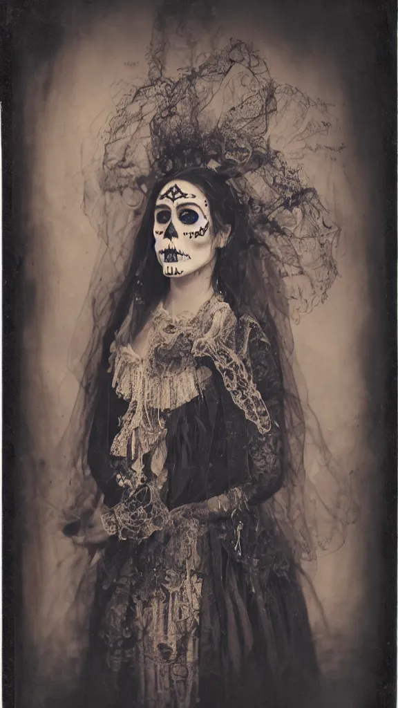 Prompt: tintype full body view, young woman in veiled dia de muertos dress and make up, horrific beautiful vibe, evocative, atmospheric lighting, painted, intricate, highly detailed,