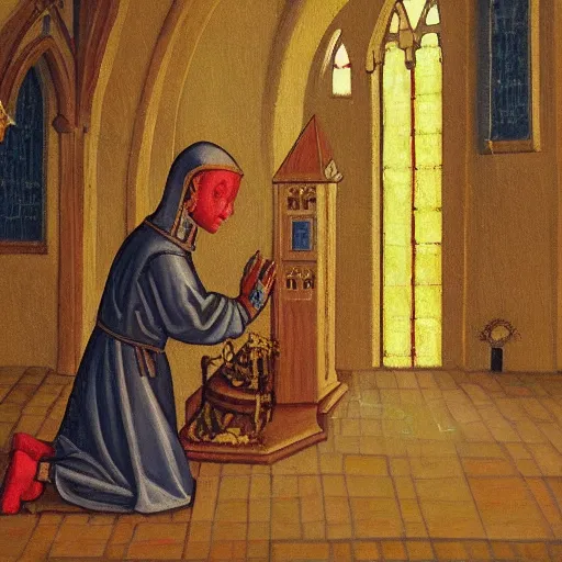 Prompt: A robot prays in a church in medieval England, oil painting