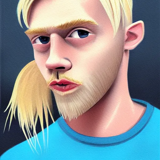 Image similar to thin blond man with blond hair long on top medium down the sides, blond beard, small chin, small nose, thin lips, English heritage, small blue eyes, tiny ears, middle aged, uncool, pale skin, narrow face, digital art, painterly, cartoon, cute, 8k, illustration, art by loish, painterly, trending on artstation, medium shot, uncropped