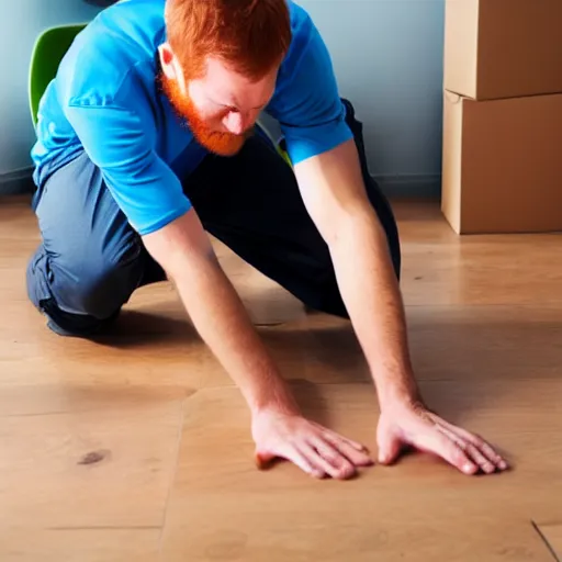 Prompt: moving day disaster. photo of ginger man on the floor holding his back in pain