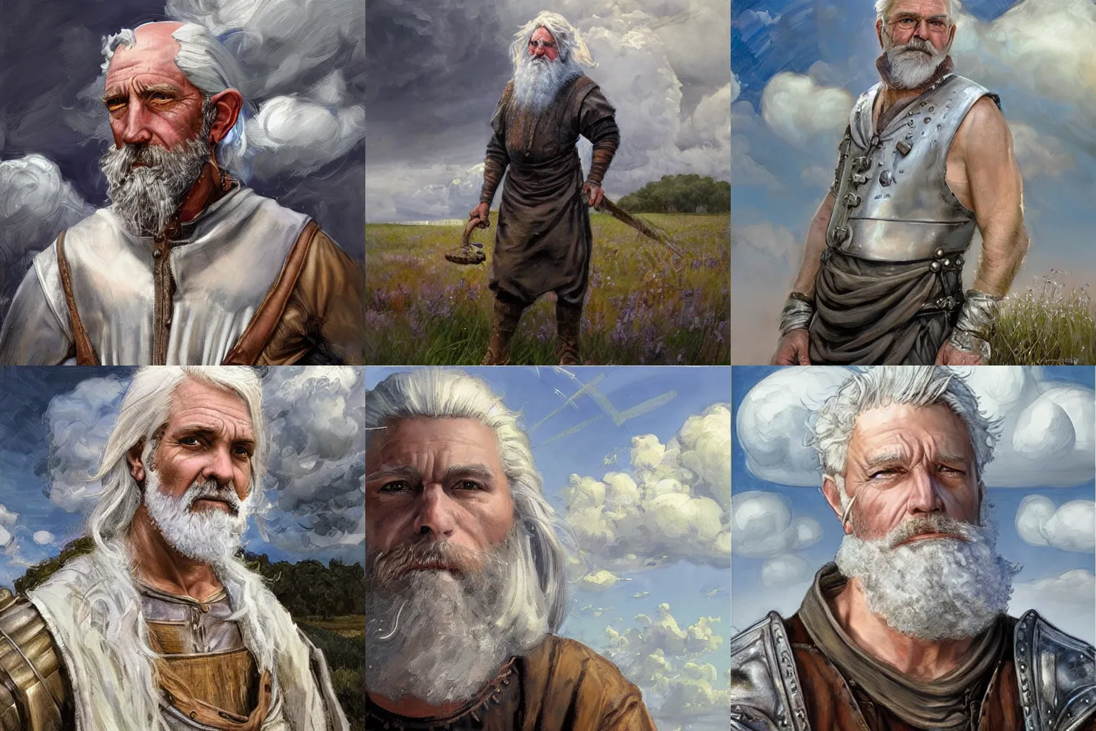 Prompt: a medieval farmer guy with cumulus tattoos, cloudy silver hair, fantasy character portrait by Michael Garmash, Donato Giancola