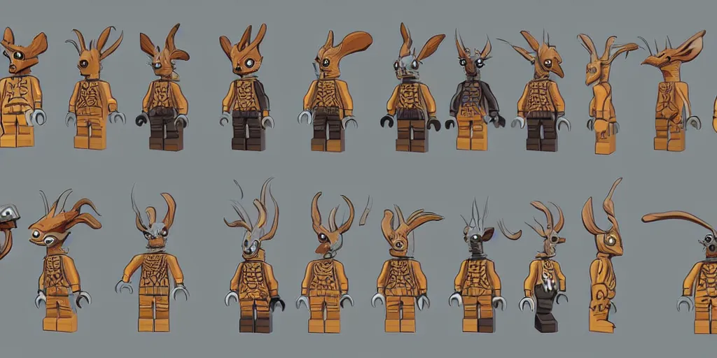 Image similar to creatures called critters, made out of a single lego brick. cute looking, sharp focus, moebius, character sheet, game concept art, brush work