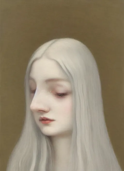 Image similar to thin young wan beautiful angel, silver hair so long, pale!, long silver hair, silver angel wings, smooth skin, wan adorable korean face, silver hair!!, style of fernand khnopff and lucien levy - dhurmer, oil on canvas, 1 8 6 2, 4 k resolution, aesthetic!,