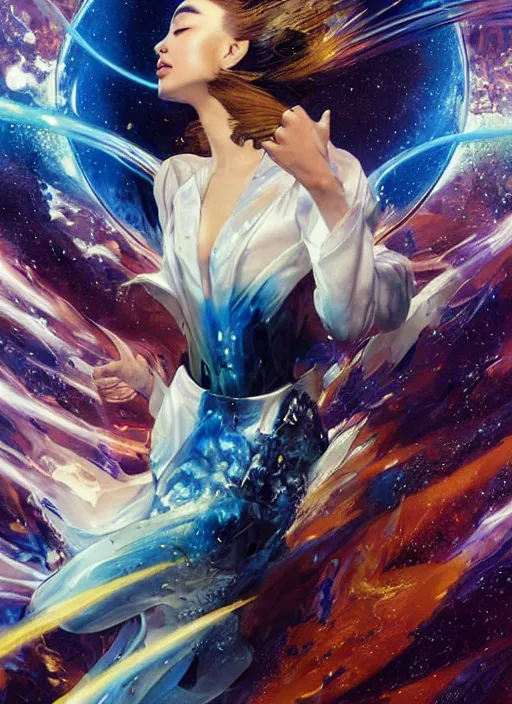 Prompt: portrait of ravishing high-end expensive Goddess Suzu Hirose unleashing a devastating massive multiversal blazing electrifying supernova, wearing futuristic luxurious white and little royal blue suit, captivating, beautiful look, face anatomy, surreal and allegorical, octane render, art by Karol Bak, Karol bak pastiche by Peter Mohrbacher