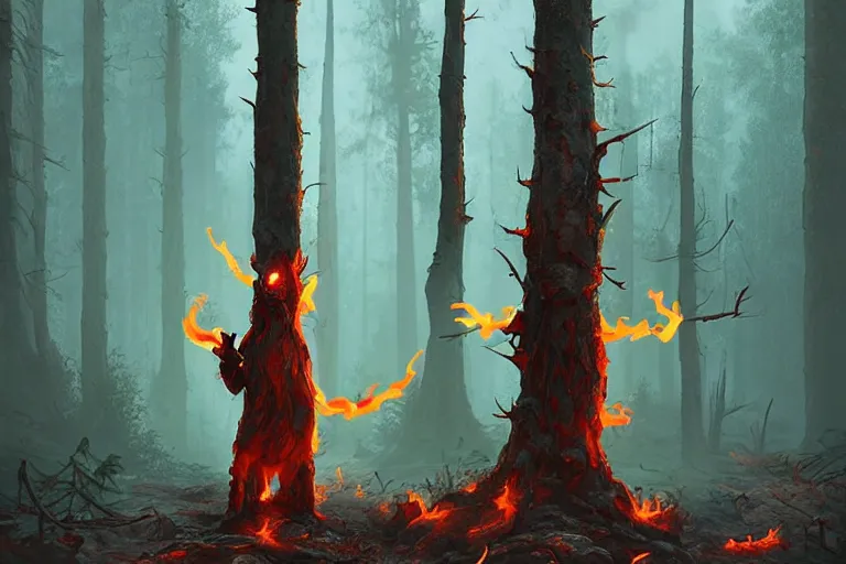 Image similar to fire demon standing in a beautiful swedish forest, highly detailed, hyperrealistic, very sharp focus, intricate, soft lighting, wide shot photograph, digital painting by simon stålenhag