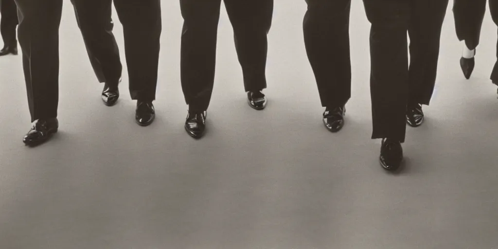 Prompt: Hyderdetailed, realistic and true to life, low angle view of the feet and shoes and legs of a group of chubby white business men walking past, cinematic, 1980s