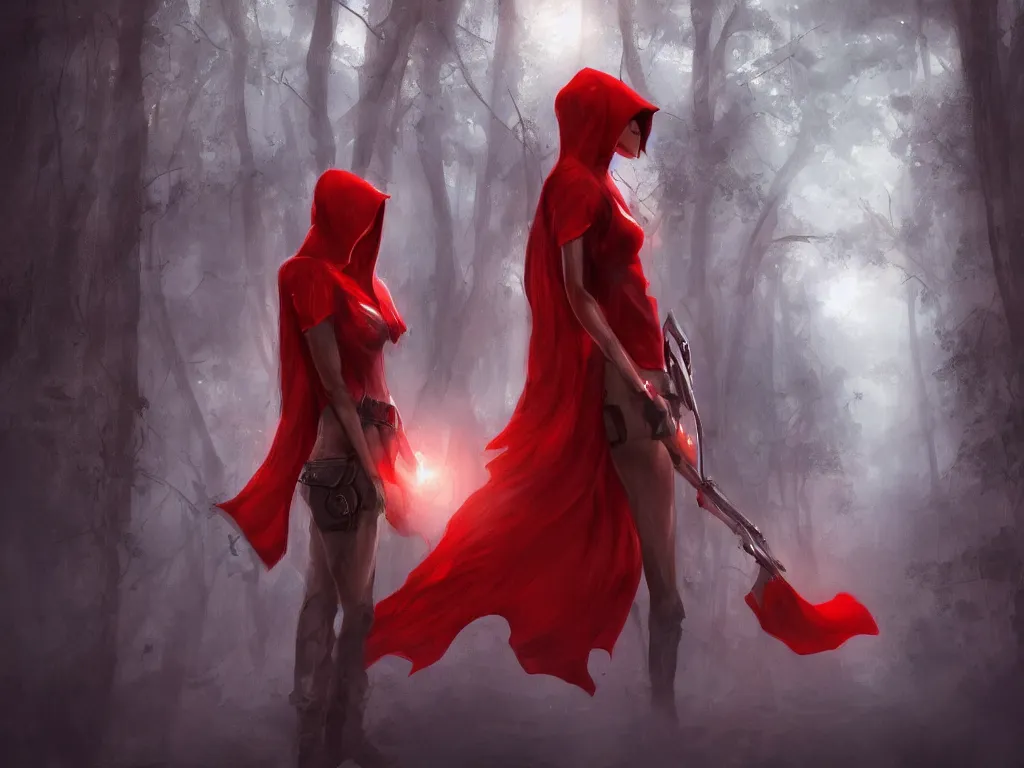 Prompt: a lonely girl in a red hood with a hummer in a deep mystical forest. award winning. dramatic. trending on artstation. midjourney. high quality