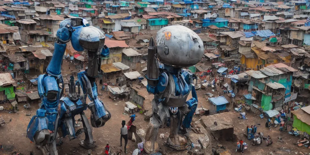 Prompt: giant mecha ROBOT of AJEGUNLE SLUMS of Lagos, writings and markings on robot,