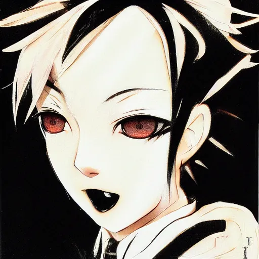 Prompt: Three quarter angle Yoshitaka Amano style portrait of an anime girl with short white hair and black eyes wearing tuxedo with patterns, abstract black and white background, film grain effect, highly detailed, oil painting, expressive brush strokes