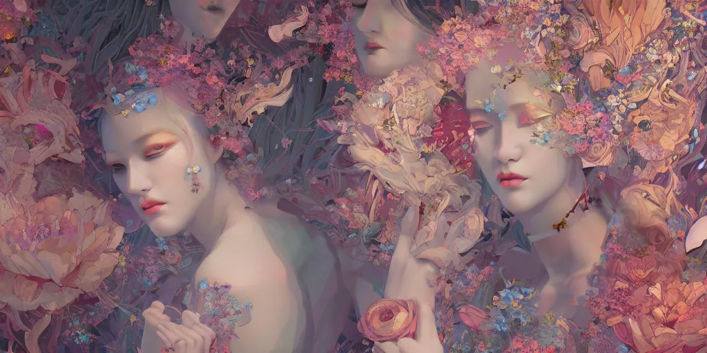 Image similar to breathtaking detailed concept art painting kaleidoscope art deco pattern of blonde faces goddesses amalmation flowers, by hsiao - ron cheng, bizarre compositions, exquisite detail, extremely moody lighting, 8 k