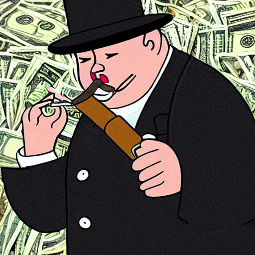 Prompt: a fat cat smoking a cigar whilst counting his money