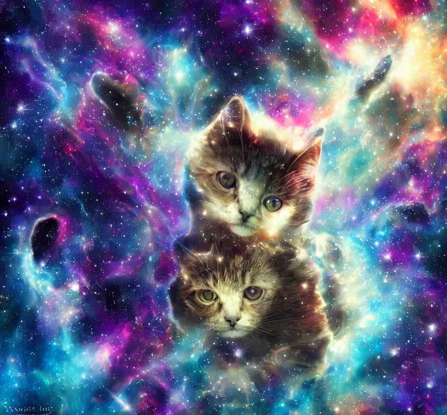 Image similar to space cat in nebula, acrilic paint, heavenly atmosphere, ink paint, ultra detailed, by popular digital artist, beautiful image, resolution, artstation
