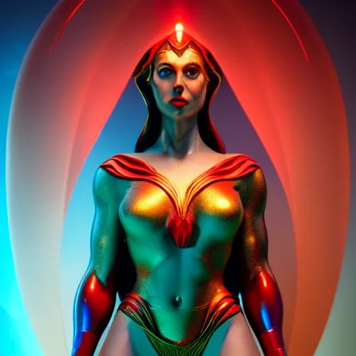 Image similar to darna, wax figure, glowing eyes, volumetric lights, red and cyan theme, art nouveau botanicals, intricate, highly detailed, digital painting, artstation, concept art, smooth, sharp focus, cinematic, illustration, beautiful face, art by artgerm and greg rutkowski and alphonse mucha