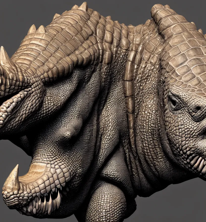 Image similar to nancy pelosi creature setting all : crocodile head : : 0. 5 the head has a symmetrical horn and tumor, and there is a rhino horn at the front of the beak, and the mouth is open to reveal a mouth full of fangs with huge wings, full body rich detail realistic photoreal photorealistic octane render 8 k