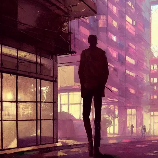 Prompt: concept art by greg rutkowski, a very tall and slender young man walking through the interior of a brutalist looking neighborhood full of holograms and shops while he smokes a cigarette, ambient lighting in neon tones, scifi, highly detailed portrait, digital painting, artstation, concept art, smooth, sharp foccus ilustration, artstation hq