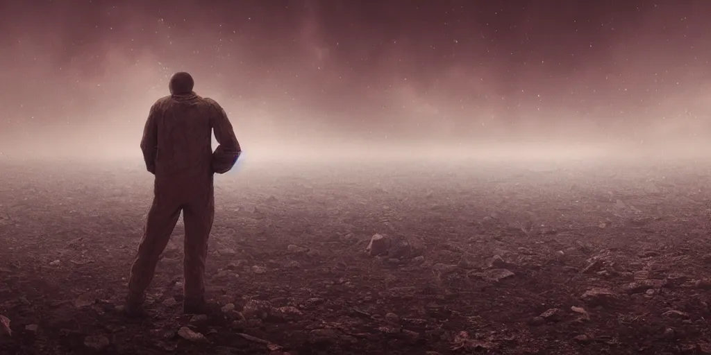Prompt: a beautiful award-winning photo of a man dying from radiation sickness, being the last soul in the universe, serene post-nuclear background, a huge nuclear cloud, fire, cosmic horror, depression, intricate details, volumetric lighting, haze, very high quality, extremely detailed, subtle visual noise, hyperrealistic, 8K