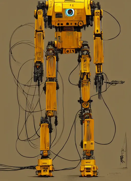 Image similar to human-sized strong intricate yellow pit droid, pancake short large head keetongu, cables, painterly humanoid mecha, by Greg Rutkowski