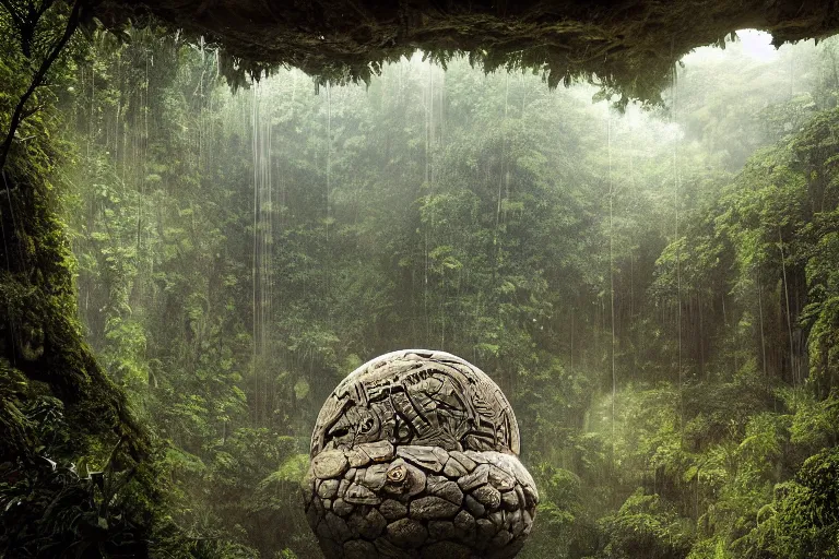 Image similar to photograph of a gigantic paleolothic sphere made of stone with highly detailed carvings of intricate shamanic robotic electronics and circuits, in a rain forest, inside a valley overlooking the amazon, by michal karcz, amazonian vista