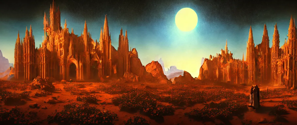 Prompt: hyperrealistic hyper detailed night shot of neo-gothic monastery on mars surrounded by giant blue carnivorous flowers matte painting concept art key sage gustave courbet very dramatic orange and blue lighting high angle hd 8k sharp shallow depth of field