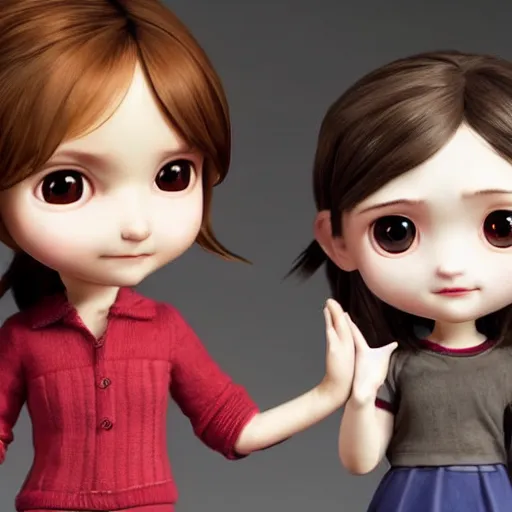 Image similar to Extremely cute and adorable 8k HD key visual of Ellie (The Last of Us) and Marinette Dupain-Cheng posing for the camera making a peace sign with their fingers, official media, designed by Mark Ryden and artgerm and Margaret Keane. The art style is quite chibi, with large heads and big wide eyes. 3D render diorama Macro photography