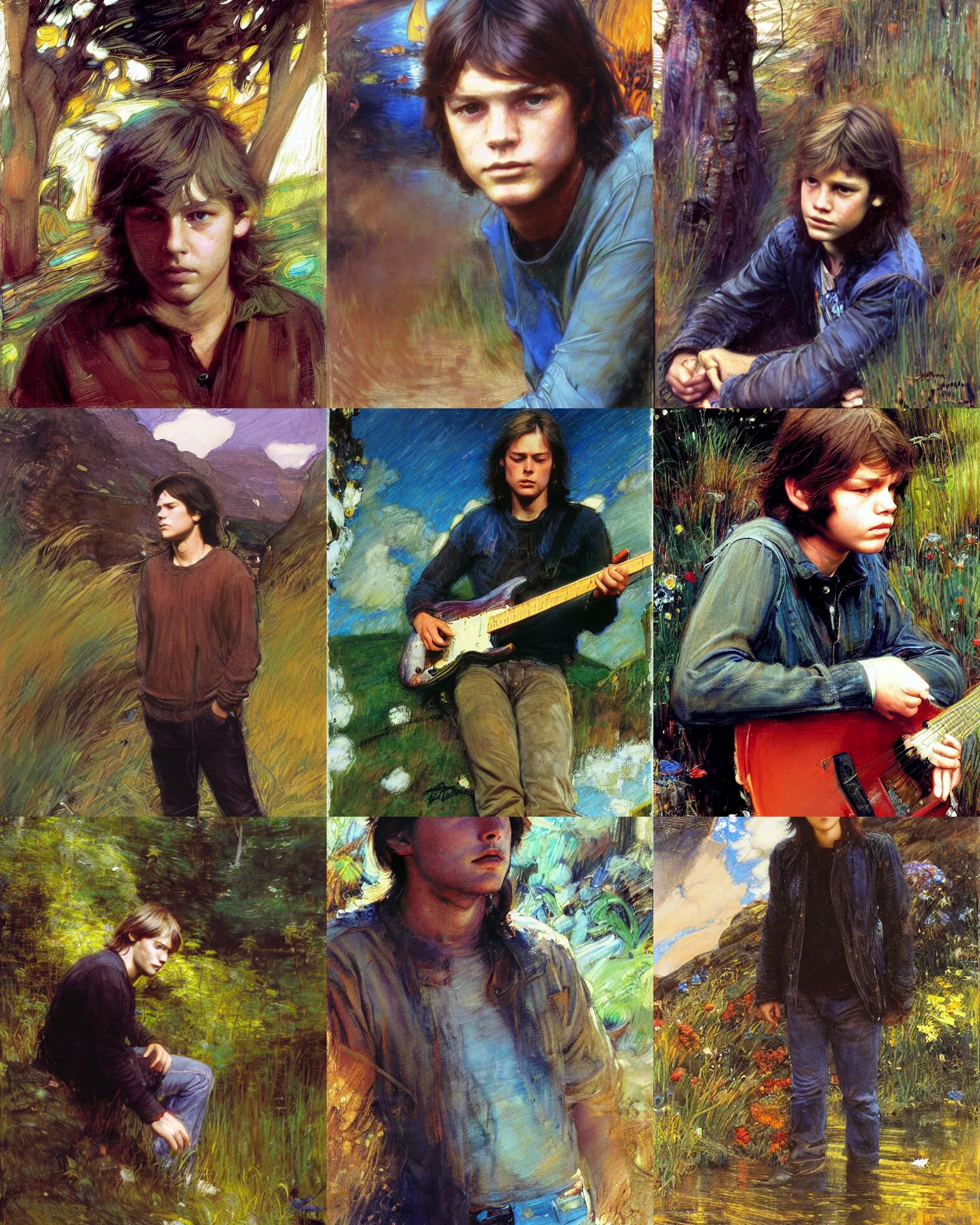Prompt: young david gilmour looking down, psychedelic plein air portrait painting by richard schmid, john william waterhouse, thomas moran, studio ghibli, donato giancola,