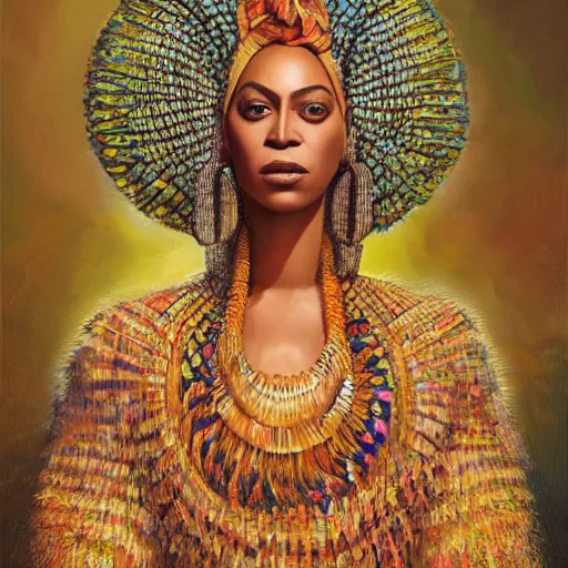 Prompt: a portrait of beyonce wearing traditional african clothing by karol bak, christopher balaskas, umberto boccioni and charlie bowater