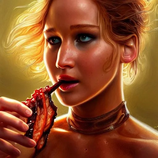 Prompt: Microscopic Life Science Photo Jennifer Lawrence eating a rack of ribs dripping bbq sauce, closeup, D&D, fantasy, intricate, elegant, highly detailed, digital painting, artstation, concept art, matte, sharp focus, illustration, art by Artgerm and Greg Rutkowski and Alphonse Mucha