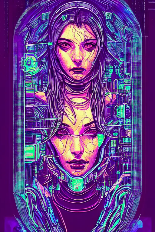 Image similar to dreamy cyberpunk girl, abstract mirrors, digital nodes, beautiful woman, detailed acrylic, grunge, intricate complexity, by dan mumford and by alexandros pyromallis intaglio