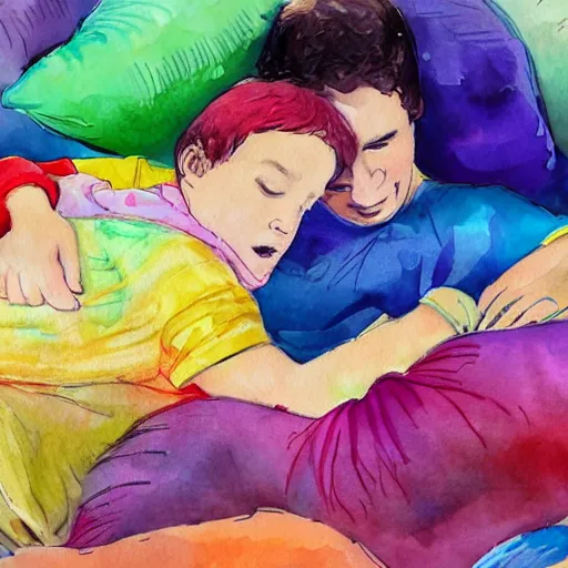 Image similar to A mother, a father, a teenage brother, a toddler sister all cuddling on a bed surrounded by pillows, swirling vivid colors, watercolor impressionism