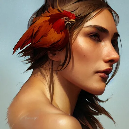 Prompt: portrait of rooster, attractive, casual, modern, highly detailed, digital painting, artstation, concept art, smooth, sharp focus, illustration, art by artgerm, greg rutkowski and alphonse mucha