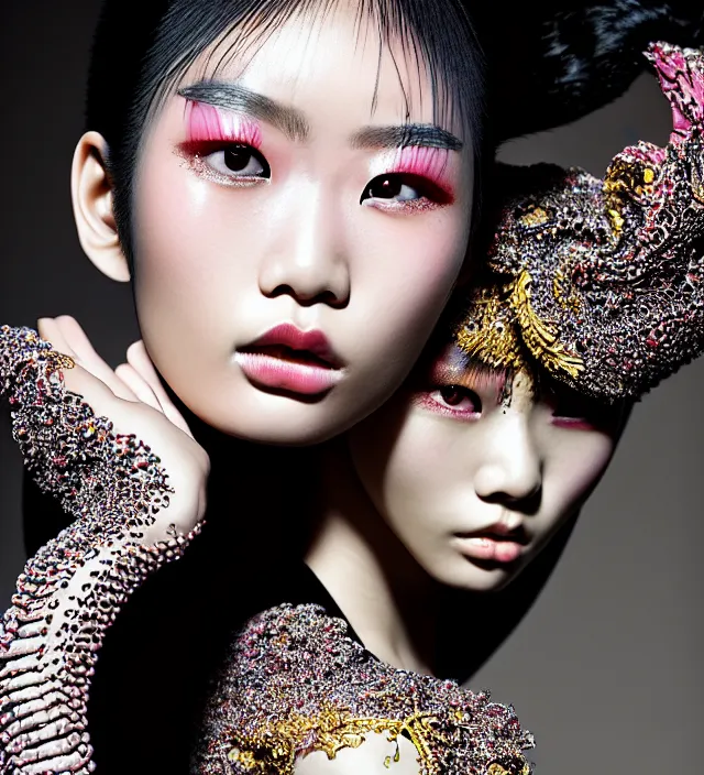 Prompt: photography face portrait of stunning japanese model like - ming xi * with great hair style, wearing an ornate stunning sophisticated coat created by * iris van herpen *, with a colorfull makeup, half in shadow, natural pose, natural lighing, highly detailed, skin grain detail, photography by * paolo roversi *, lighting by * helmut newton *
